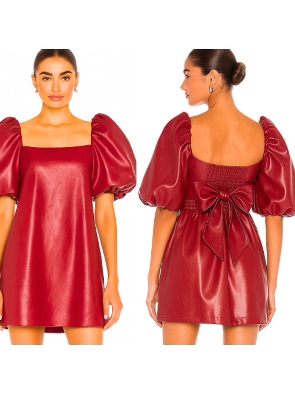 NWT ANTHROPOLOGIE Greer Faux Leather Mini Dress Cherry Red Statement Puff Sleeve